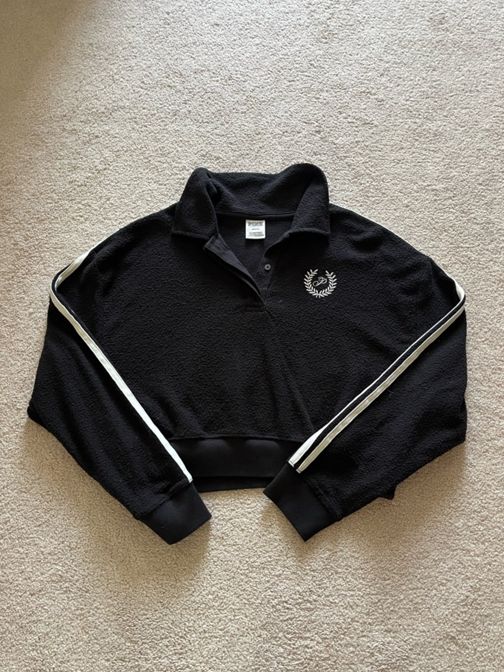 Y2K PINK Victoria’s Secret Black Cropped Fleece Pullover with White Stripes
